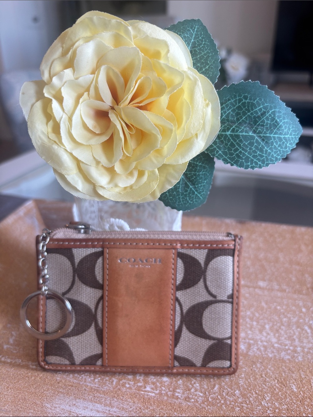 Coach Brown & Cream Signature Canvas Card Case with Key Ring